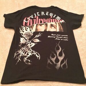Civil Regimen Black Graphic T-Shirt with Red and White Design